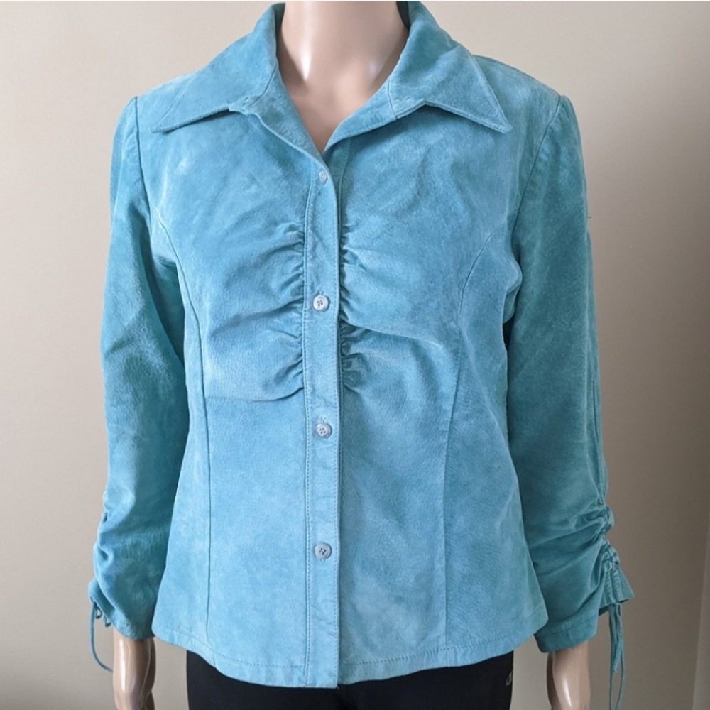 Vintage Danier suede leather turquoise blue jacket, women's medium